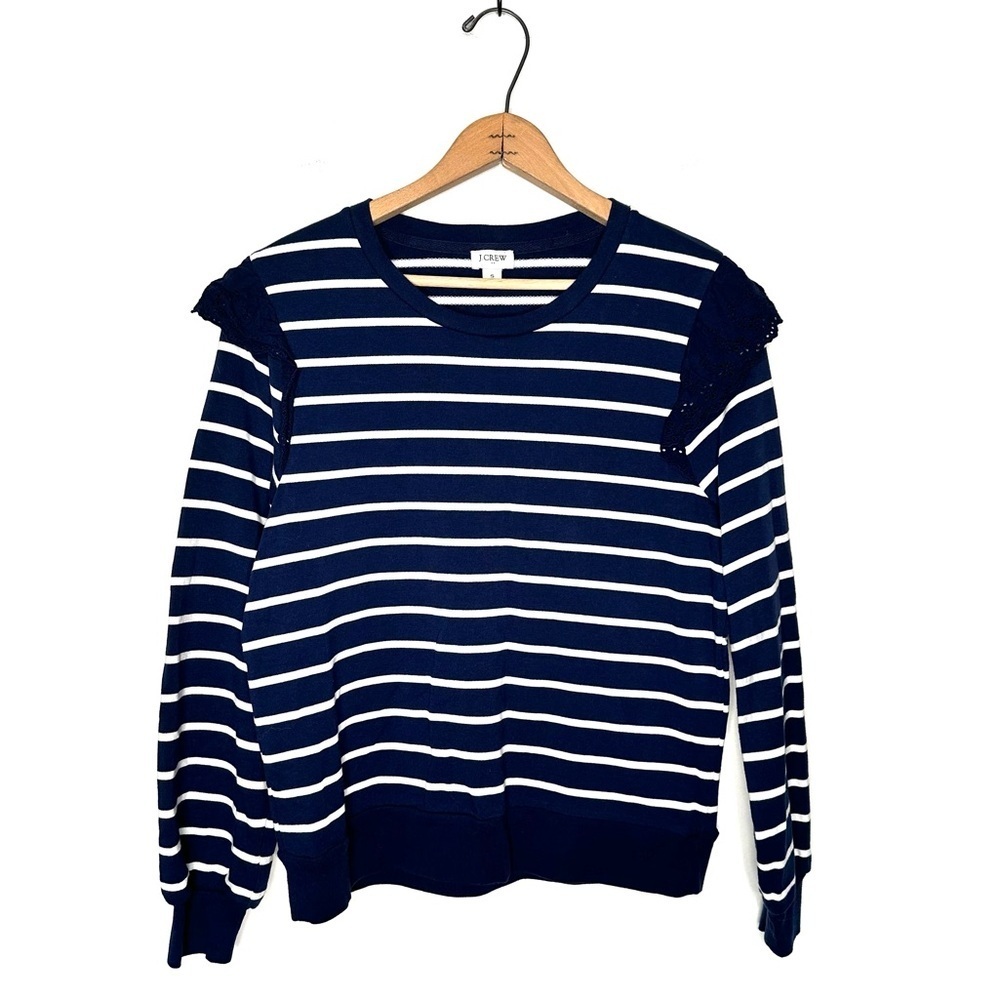 J. Crew | Blue and White Striped Eyelet Ruffle Sweatshirt Size Small